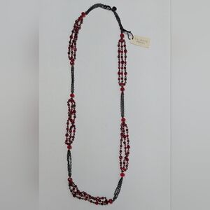 NWT Talbots Black Gun Metal Chain Necklace With Red Beads